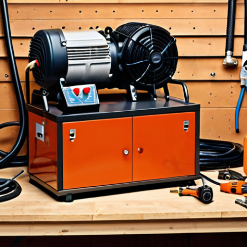 Home 11 A robust, modern air compressor, symbolizing the "heart" of a well-equipped garage workshop. Hoses extend from it, connecting to various pneumatic tools like an impact wrench and a spray gun, laid out neatly on a workbench. The scene is well-lit, showcasing a professional and organized environment that emphasizes the compressor's central role in powering these tools.