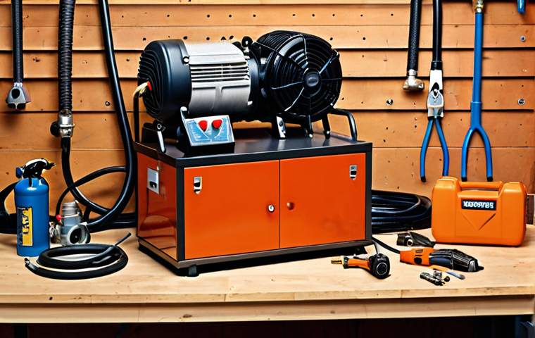 A robust, modern air compressor, symbolizing the "heart" of a well-equipped garage workshop. Hoses extend from it, connecting to various pneumatic tools like an impact wrench and a spray gun, laid out neatly on a workbench. The scene is well-lit, showcasing a professional and organized environment that emphasizes the compressor's central role in powering these tools.
