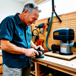 A focused male DIY enthusiast, middle-aged, with a determined yet satisfied expression, wearing a modest work shirt and durable trousers, fully clothed, appropriate attire. He is standing in a well-organized, brightly lit home workshop. On a sturdy wooden workbench, a modern, compact air compressor is visible, connected via a hose to a pneumatic orbital sander that the man is holding, expertly sanding a piece of lumber. Various hand tools are neatly arranged on pegboards in the background, creating a sense of order and professionalism. The scene highlights the efficiency and satisfaction of using advanced tools for home projects. safe for work, appropriate content, fully clothed, professional, perfect anatomy, correct proportions, natural pose, well-formed hands, proper finger count, natural body proportions, professional photography, high quality, clear sharp focus.