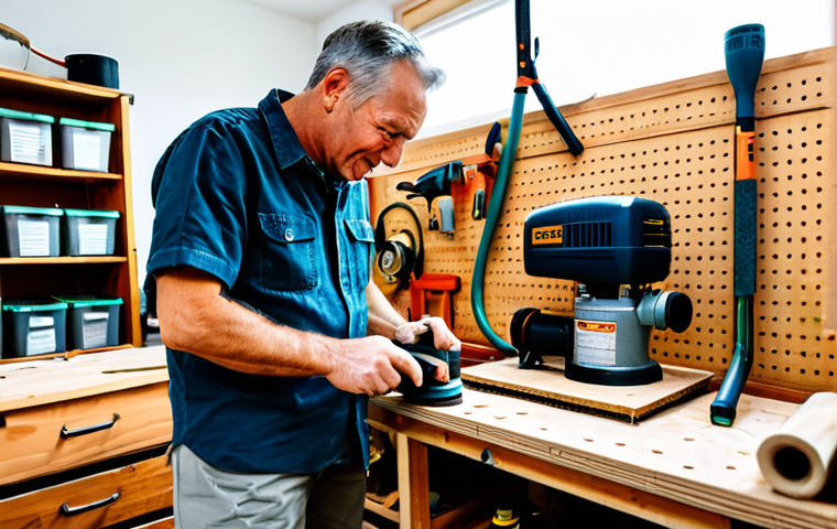 A focused male DIY enthusiast, middle-aged, with a determined yet satisfied expression, wearing a modest work shirt and durable trousers, fully clothed, appropriate attire. He is standing in a well-organized, brightly lit home workshop. On a sturdy wooden workbench, a modern, compact air compressor is visible, connected via a hose to a pneumatic orbital sander that the man is holding, expertly sanding a piece of lumber. Various hand tools are neatly arranged on pegboards in the background, creating a sense of order and professionalism. The scene highlights the efficiency and satisfaction of using advanced tools for home projects. safe for work, appropriate content, fully clothed, professional, perfect anatomy, correct proportions, natural pose, well-formed hands, proper finger count, natural body proportions, professional photography, high quality, clear sharp focus.