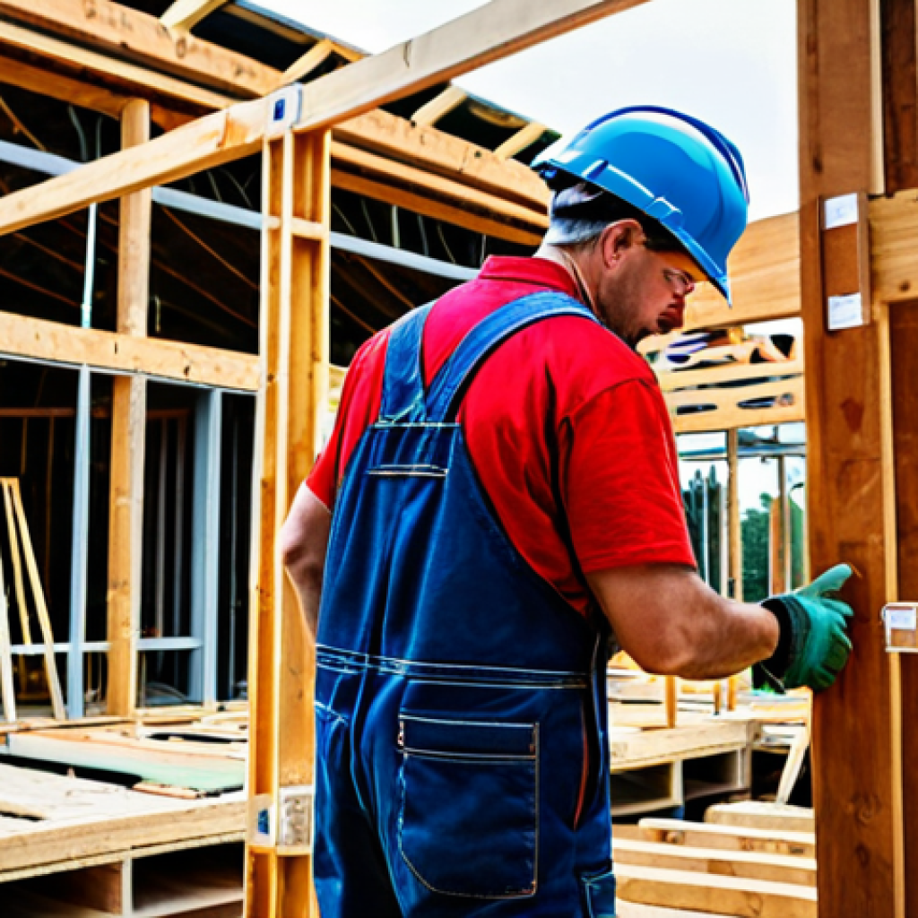 A professional male construction worker, wearing a safety helmet and durable work overalls, expertly operating a heavy-duty pneumatic coil nailer to fasten large timber beams for a house frame. The setting is a bustling, well-lit construction site with wooden scaffolding and building materials in the background, conveying a sense of productivity and progress. High-quality professional photography, realistic rendering, sharp focus, vibrant colors, dynamic composition. Perfect anatomy, correct proportions, natural pose, well-formed hands, proper finger count, natural body proportions, fully clothed, modest clothing, appropriate attire, professional dress, safe for work, appropriate content, family-friendly.
