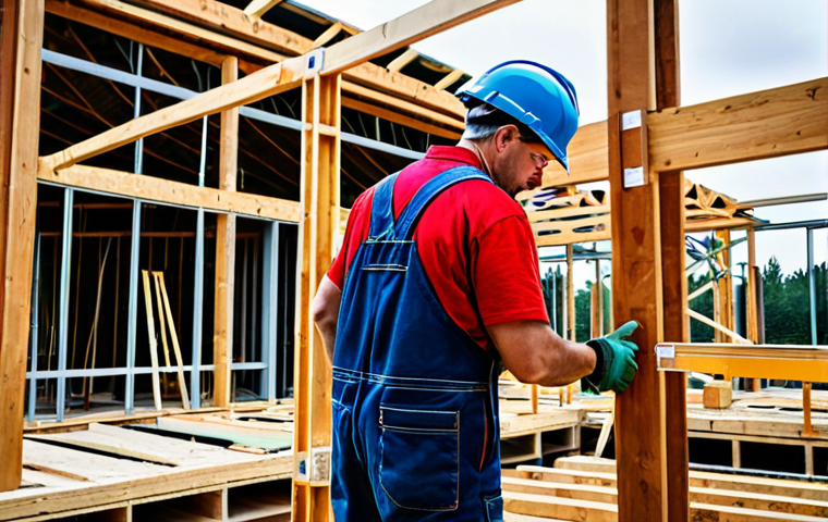 A professional male construction worker, wearing a safety helmet and durable work overalls, expertly operating a heavy-duty pneumatic coil nailer to fasten large timber beams for a house frame. The setting is a bustling, well-lit construction site with wooden scaffolding and building materials in the background, conveying a sense of productivity and progress. High-quality professional photography, realistic rendering, sharp focus, vibrant colors, dynamic composition. Perfect anatomy, correct proportions, natural pose, well-formed hands, proper finger count, natural body proportions, fully clothed, modest clothing, appropriate attire, professional dress, safe for work, appropriate content, family-friendly.