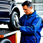 공업사에서 많이 쓰는 에어공구 - The Tire Change**

A busy auto repair shop scene, a mechanic in a clean uniform (fully clothed, appr...