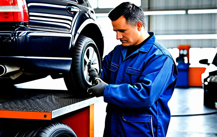 공업사에서 많이 쓰는 에어공구 - The Tire Change**

A busy auto repair shop scene, a mechanic in a clean uniform (fully clothed, appr...