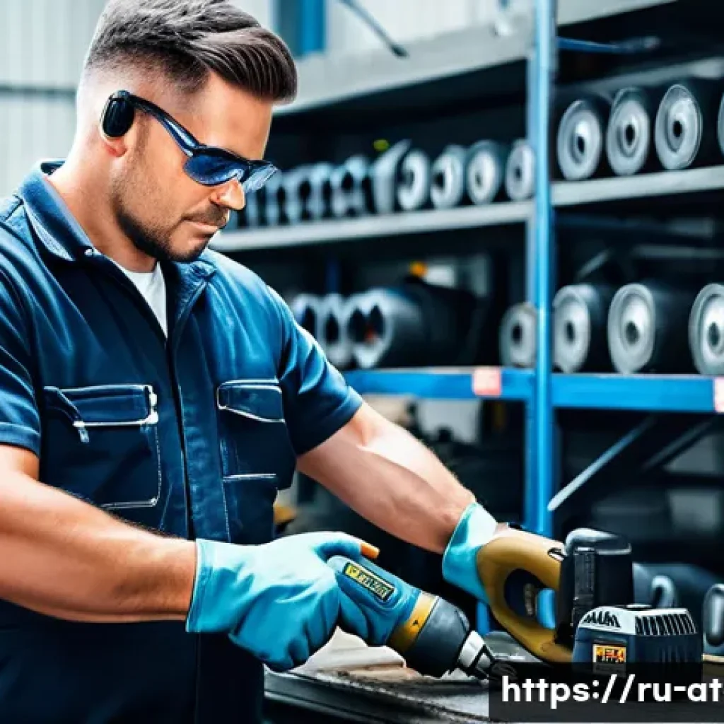 산업용 에어공구 선택 가이드 - A highly detailed industrial workshop scene featuring a professional technician using a powerful pne...