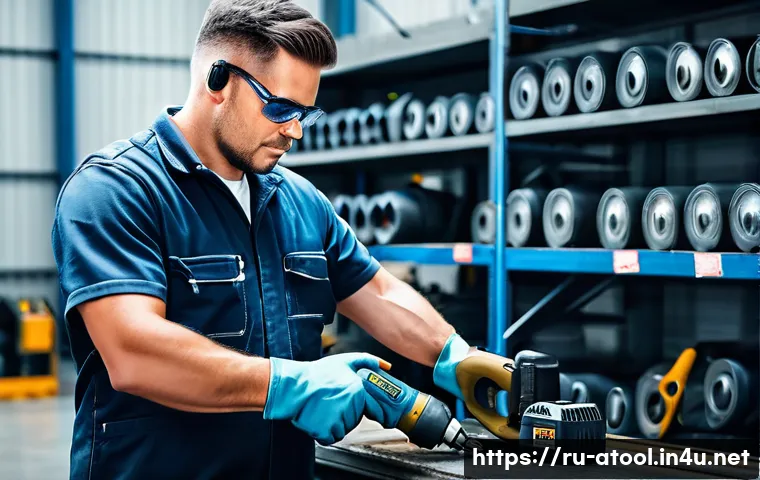 산업용 에어공구 선택 가이드 - A highly detailed industrial workshop scene featuring a professional technician using a powerful pne...