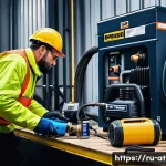 에어공구와 전동공구 차이점 - A detailed industrial workshop scene showing a professional worker using a pneumatic nail gun connec...