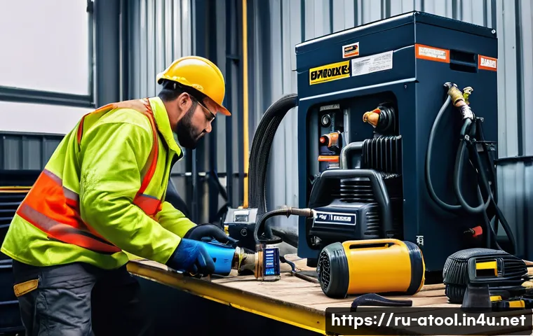 에어공구와 전동공구 차이점 - A detailed industrial workshop scene showing a professional worker using a pneumatic nail gun connec...