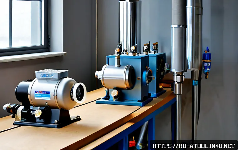 Home 15 에어 공구 필터 종류 - Photorealistic industrial workshop scene in Russia, a clean compressed-air line mounted above a work...