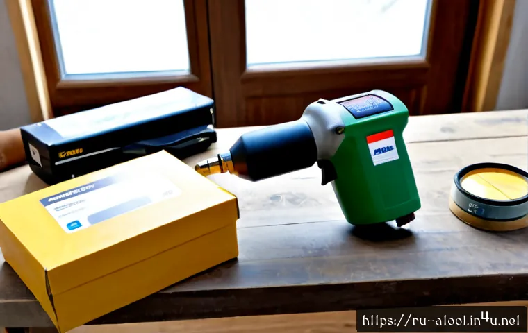 Home 17 에어 공구 해외직구 방법 - Photorealistic home workshop scene for ordering pneumatic tools internationally, a Russian DIY enthu...