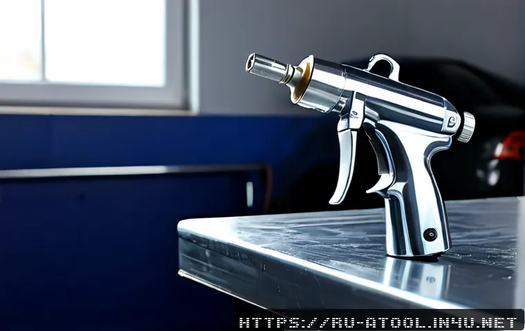 Home 17 자동차 도색용 에어 스프레이건 - Photorealistic automotive paint spray gun with polished metal body and a translucent paint cup, rest...